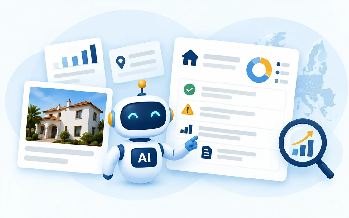 Illustration: an AI assistant explaining an investment dossier with findings, charts and points of attention