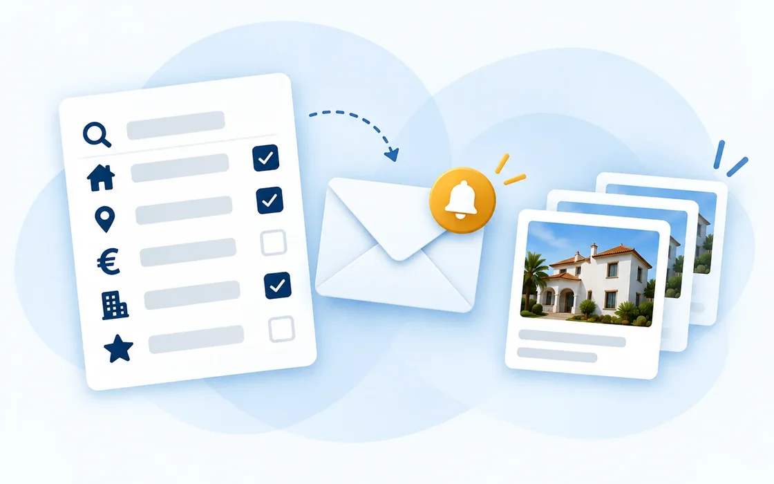 Illustration: a saved filter list with ticked characteristics, an email with a notification bell and the auctions found