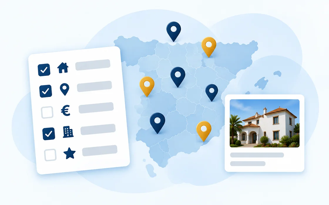 Illustration: a checklist of characteristics next to a map of Spain with auctions