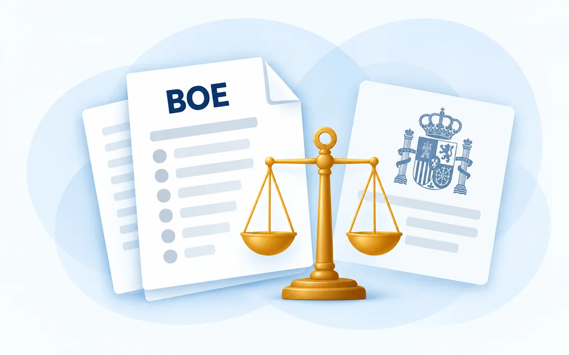 Illustration: a BOE publication and a Spanish official document beside a set of scales