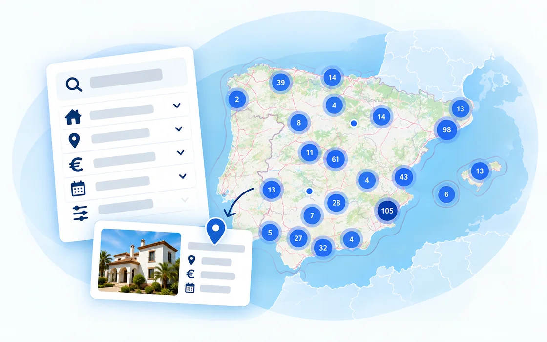 Illustration: map of Spain with clustered auctions, a filter panel and an opened auction