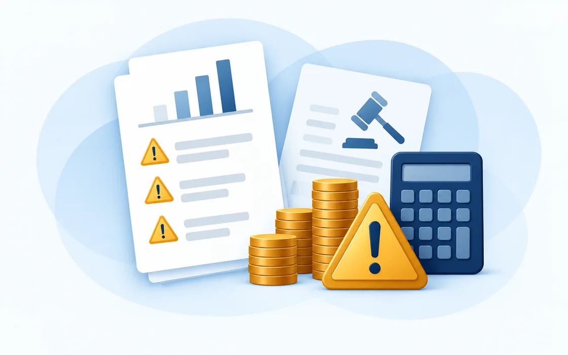 Illustration: a financial overview with warning signs, coins and a calculator